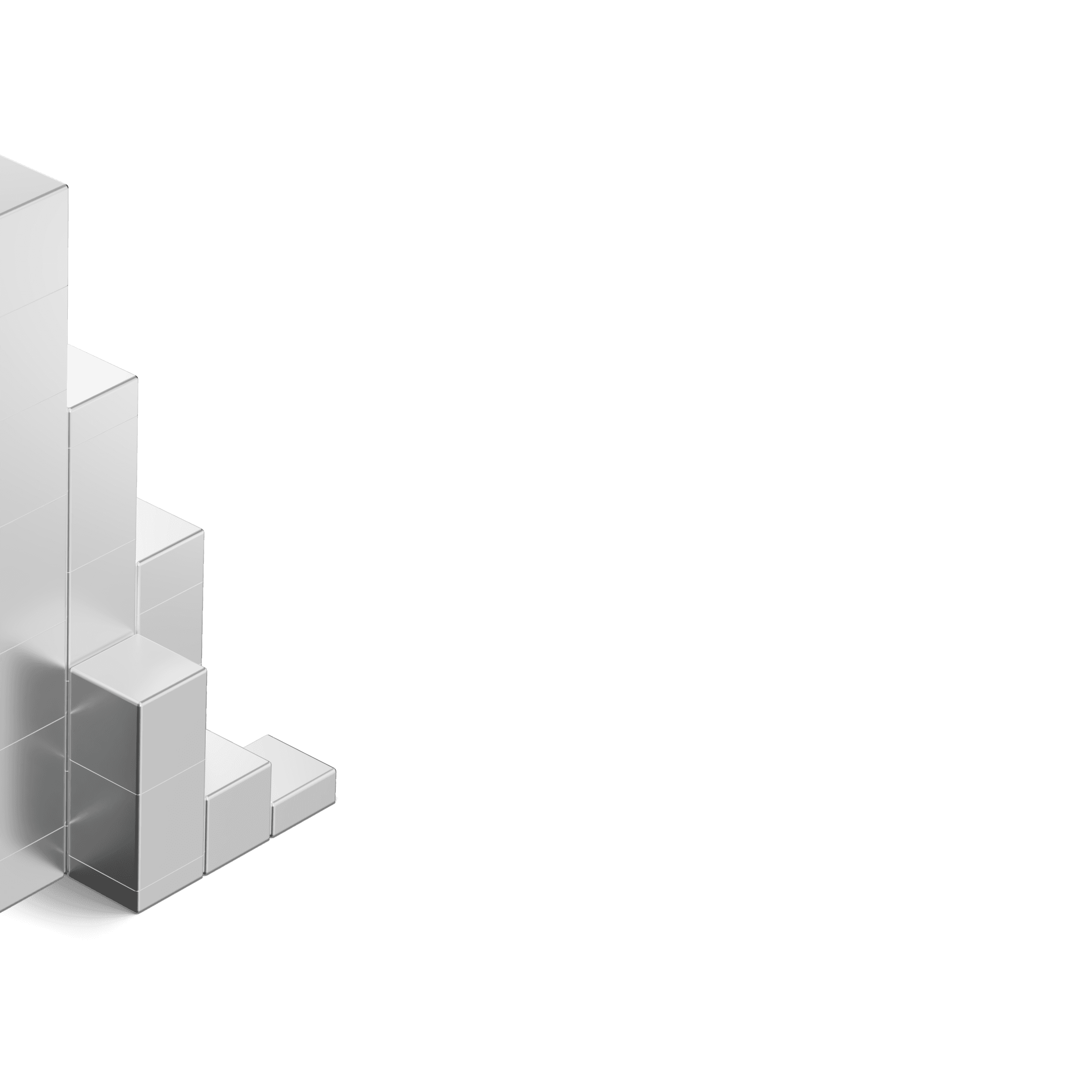 3D silver metallic cubes stacked in a stepped formation, partially hidden behind a dark vertical panel
